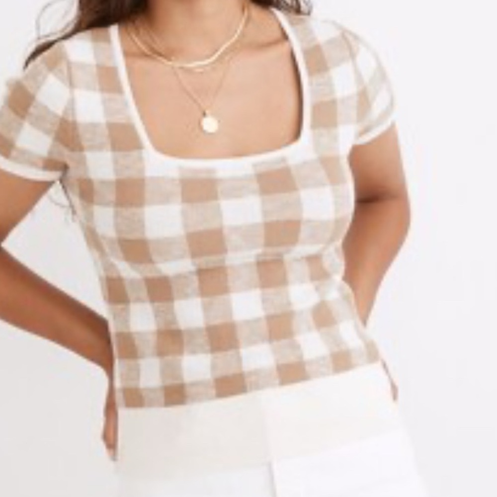 Madewell Tan and White Checkered Sweater